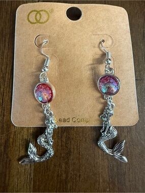 Silver Mermaid Drop Earrings with Pink Iridescent Scales